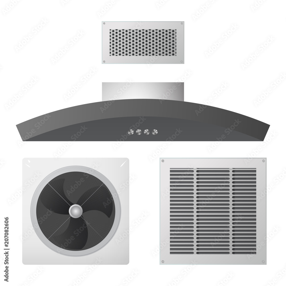 Axial fan, kitchen hood and supply exhaust ventilation grille. Equipment  for the house. Vector illustration. Stock Vector | Adobe Stock