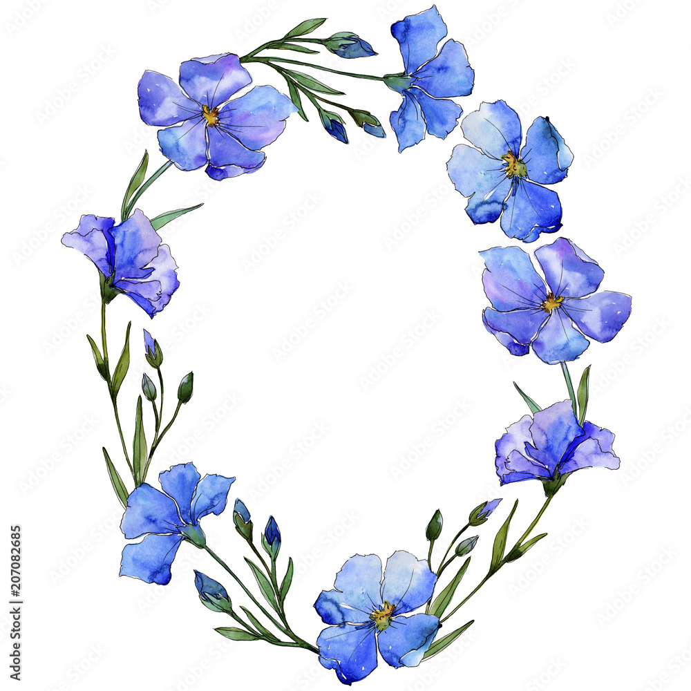 Blue flax. Floral botanical flower. Frame border ornament square. Aquarelle wildflower for background, texture, wrapper pattern, frame or border. Blue flax. Floral botanical flower. Frame border ornament square. Aquarelle wildflower for background, texture, wrapper pattern, frame or border.