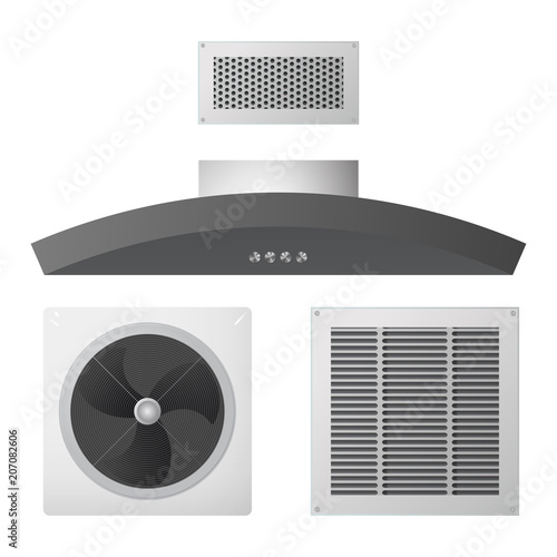 Axial fan, kitchen hood and supply exhaust ventilation grille. Equipment for the house. Vector illustration.