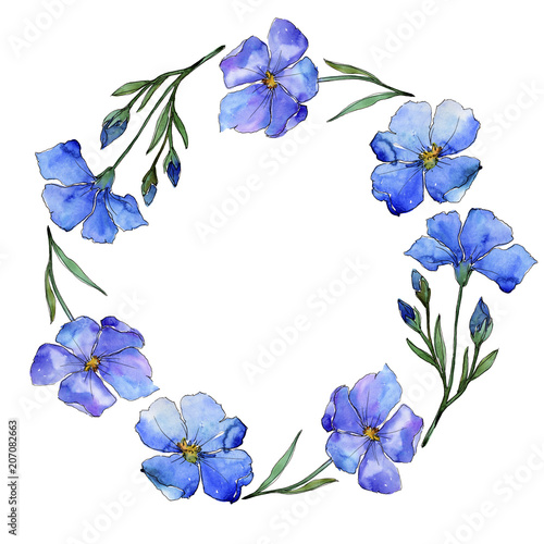Blue flax. Floral botanical flower. Frame border ornament square. Aquarelle wildflower for background, texture, wrapper pattern, frame or border.