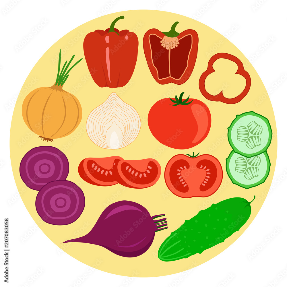 Set of vegetables. Pepper, tomato, cucumber, onion, beetroot. Sliced and halved vegetables. Vector illustration. Set of vegetables. Pepper, tomato, cucumber, onion, beetroot. Sliced and halved vegetables. Vector illustration.