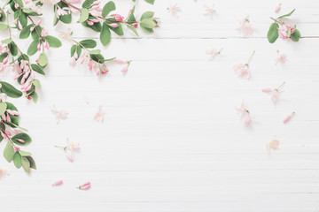 branches of  bush with pink flowers on wooden background