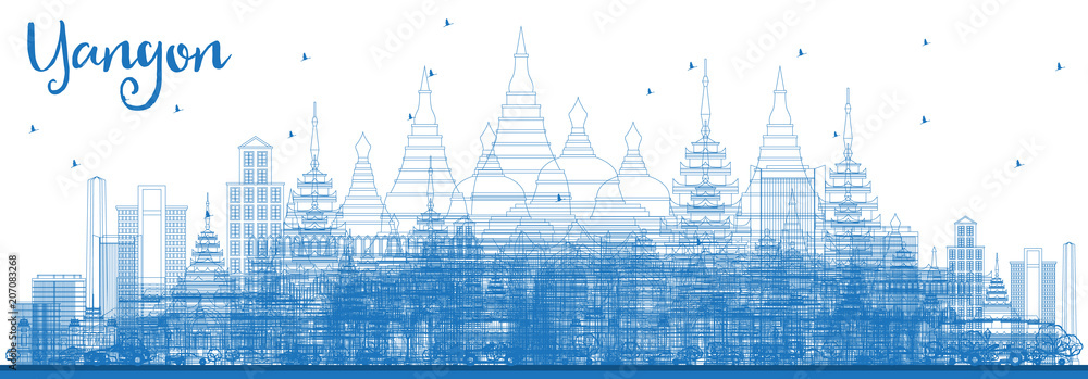 Outline Yangon Skyline with Blue Buildings.