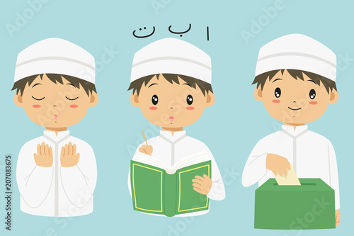 Muslim kids cartoon vector set. Muslim boy praying, reading Quran, and  giving sadaqah or charity