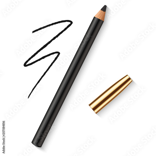 Realistic vector eyes pencil for beautiful makeup. Decorative cosmetic black eyeliner with golden cap and dark pencil strokes.