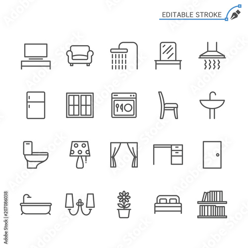 Home furniture line icons. Editable stroke. Pixel perfect.