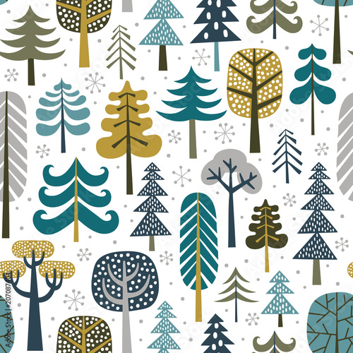 Winter snowy woods seamless pattern. Silhouettes of cute snowy trees on white background. Repetitive christmas vector wallpaper. Perfect for fabric, wallpaper, wrapping paper or nursery decor.