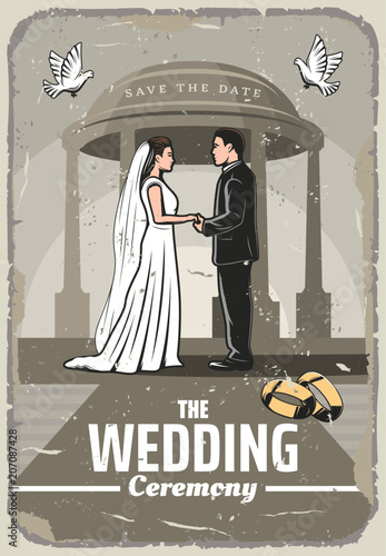 Wedding invitation retro card with bride and groom