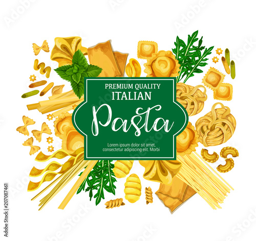 Italian pasta poster with macaroni food and herb