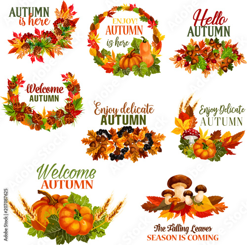 Autumn Welcome Hello Fall vector leaf wreath icons