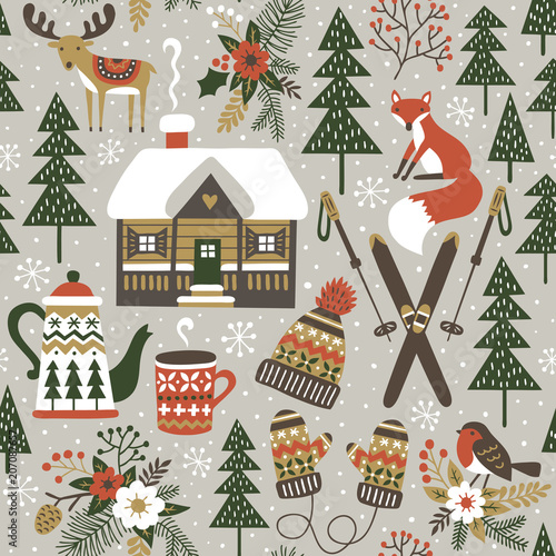 Hand drawn seamless vector pattern with cute forest animals. Winter woodland repetitive wallpaper with deer, fox, bird, chalet, flowers and ski on light grey background. Perfect for fabric, wallpaper 