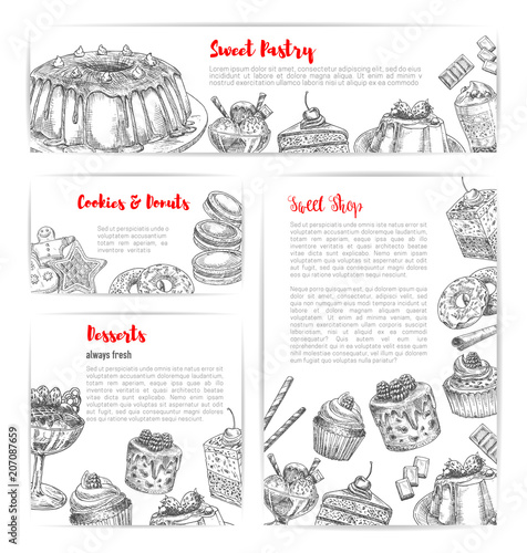 Cake and pastry shop sketch banner template set