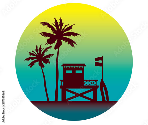 Lifeguard station, sea, sky and beach.