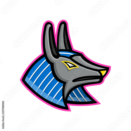 Mascot icon illustration of head of Anubis, an ancient Egyptian animal god of afterlife depicted as a man with a canine head of dog or jackal viewed from side on isolated background in retro style.