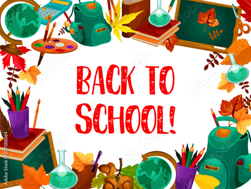 Back to school greeting card with study supplies