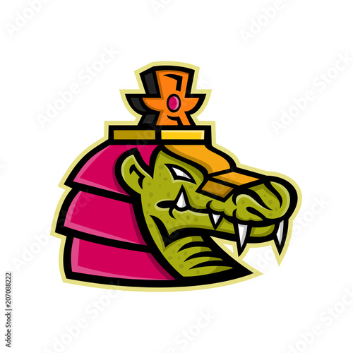 Mascot icon illustration of head of Sobek, Sebek, Sochet, Sobk or Sobki, an ancient Egyptian deity depicted as a human with a Nile or West African crocodile head on isolated background in retro style.
