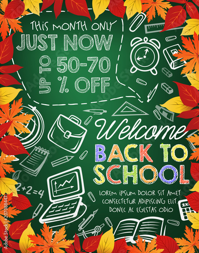Back to school sale banner on chalkboard with leaf