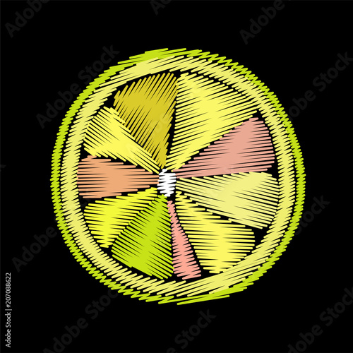 Slice of lime or orange in embroidery stitches style on black background, sketch line drawing