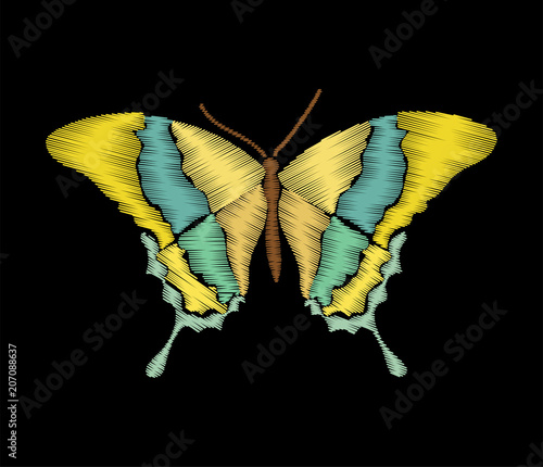 Colorful butterfly in embroidery stitches style on black background