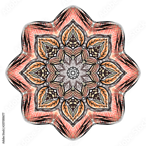 Beautiful mandala ornament in embroidery stitches style, decoration on white background for your design