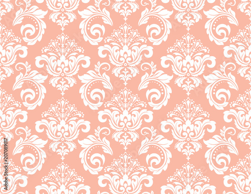 Wallpaper in the style of Baroque. A seamless vector background. White and pink floral ornament. Graphic pattern for fabric, wallpaper, packaging. Ornate Damask flower ornament