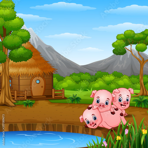 Three little pigs are playing together