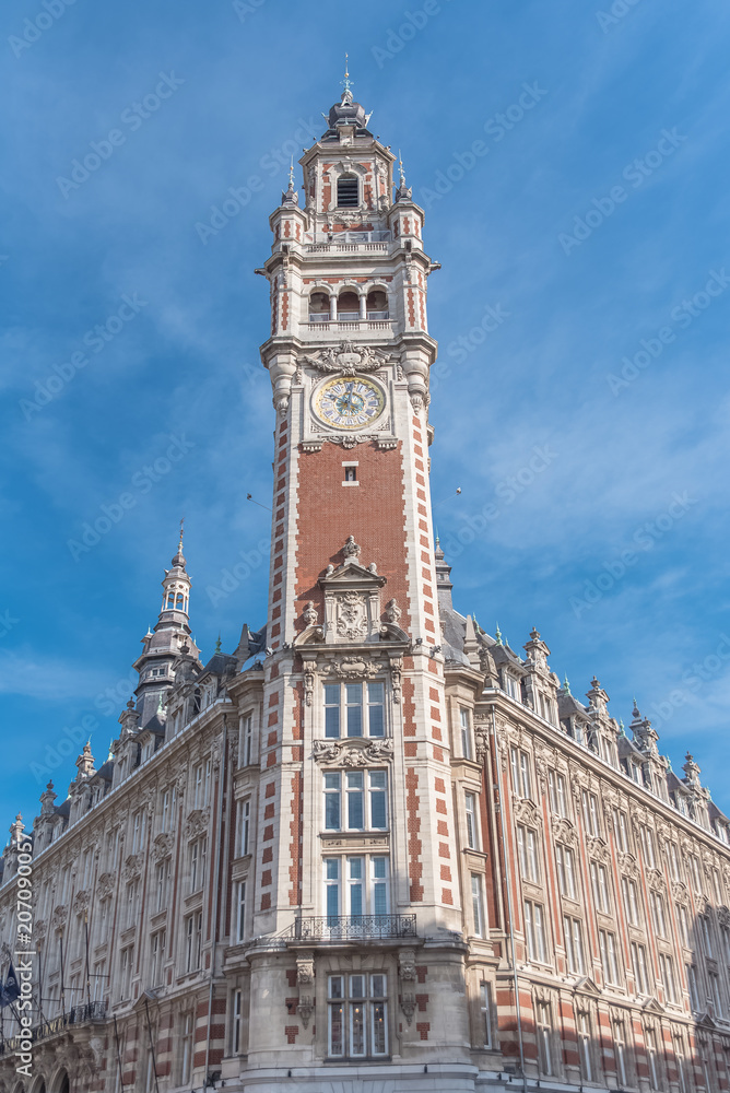 Lille, beautiful city in France, the belfry of the Chambre de Commerce 
