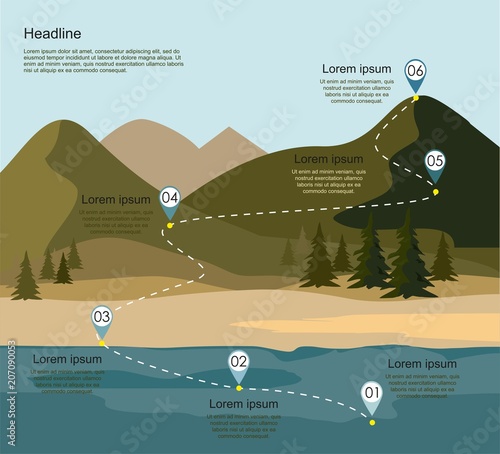 Layers of mountain landscape with fir forest and river. Tourism route infographic. 