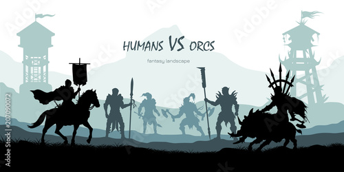 Black silhouette of battle orcs and humans. Fantasy landscape. Medieval 2d panorama. Knights and warriors fighting scene. Panorama with towers. Vector illustration