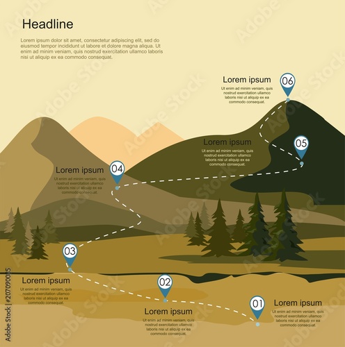Mountain landscape with fir forest. Tourism route infographic. Vector illustration.	