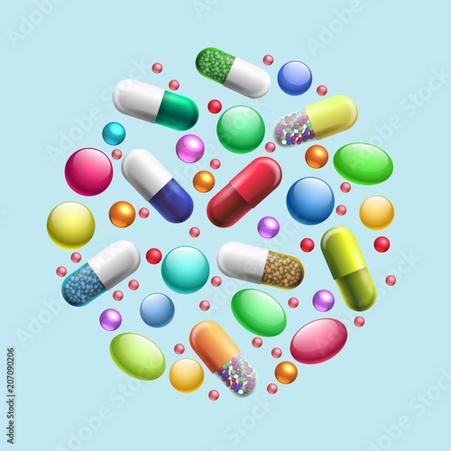 Pills and tablets circle. Medicine painkillers and drugs concept isolated on white background, treatment and pharmaceutical healthy vector label