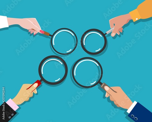 Hand holding magnifying glass. Businessman hands with magnifiers vector illustration for searching, investigator or reading business concepts
