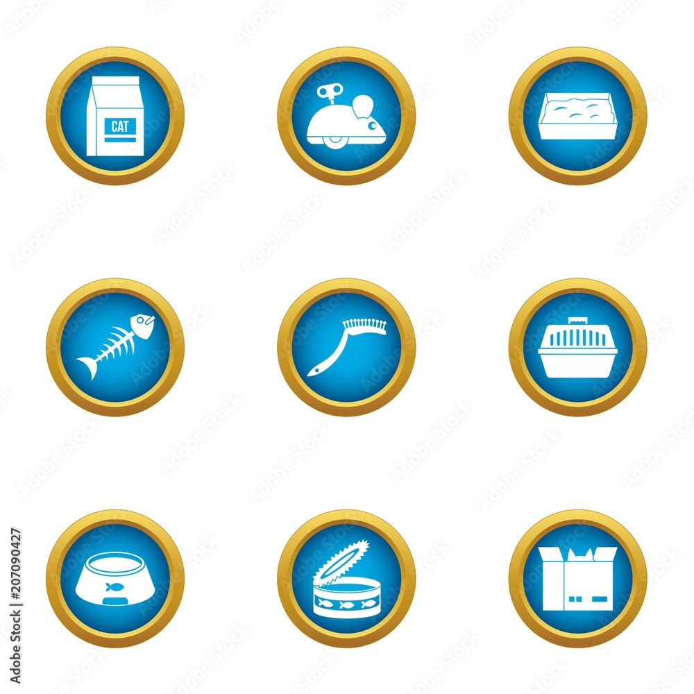 Cat food icons set. Flat set of 9 cat food vector icons for web isolated on white background Cat food icons set. Flat set of 9 cat food vector icons for web isolated on white background