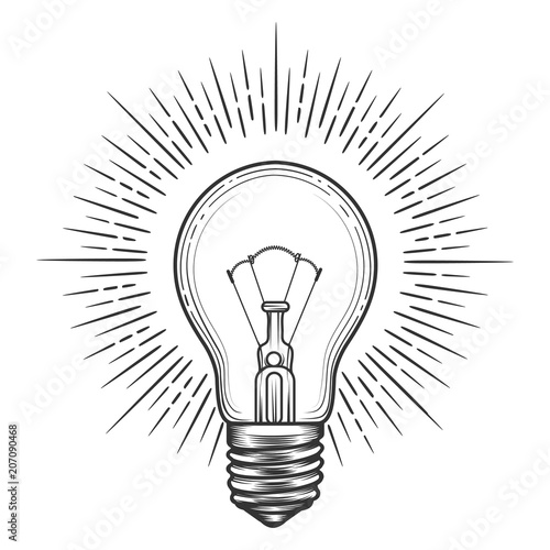 Engraving light bulb. Vintage engraved light for idea or illumination concepts vector illustration