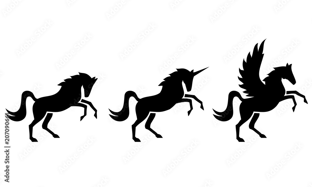 silhouetted images of horses, unicorns, and Pegasus