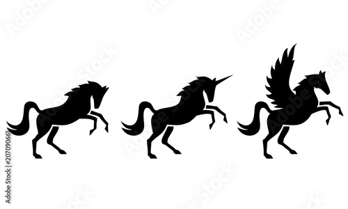 silhouetted images of horses  unicorns  and Pegasus
