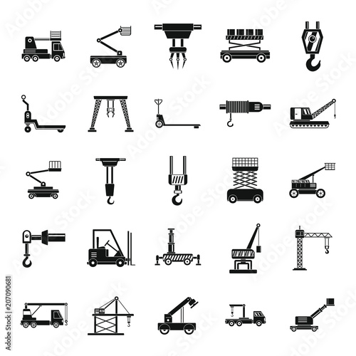 Lifting machine equipment icons set. Simple illustration of 25 lifting machine equipment cargo vector icons for web