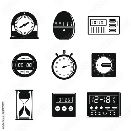 Kitchen timer icons set. Simple illustration of 9 kitchen timer icons for web