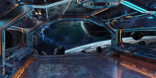 Fototapeta Naklejka Na Ścianę i Meble -  Grunge Spaceship interior with view on planet Earth 3D rendering