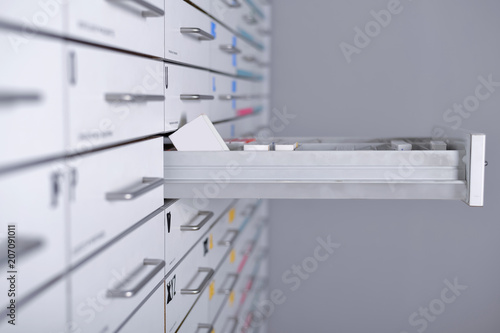 pharmacy cabinet closeup from side of drawers