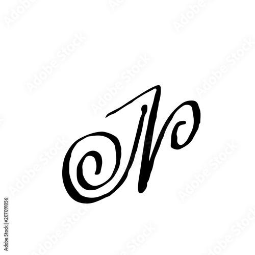 Letter N. Handwritten by dry brush. Rough strokes textured font. Vector illustration. Grunge style alphabet.