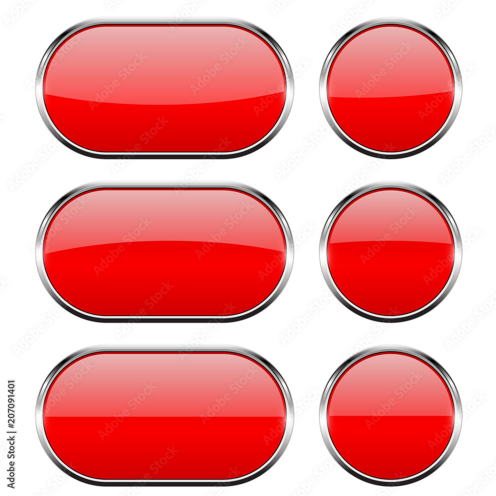 Red glass buttons with chrome frame. 3d icons Red glass buttons with chrome frame. 3d icons