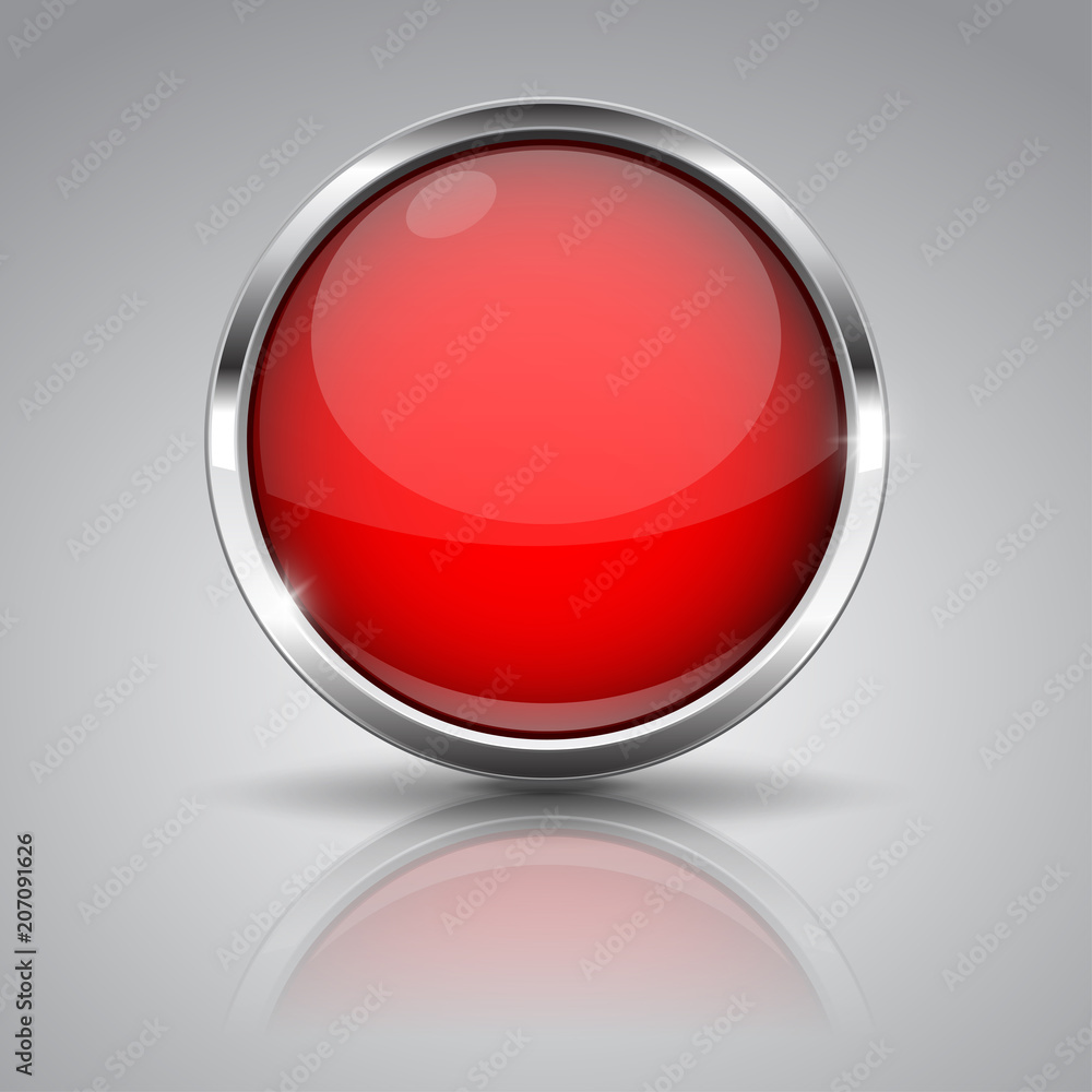 Red button with chrome frame on gray background. Round glass shiny 3d icon Red button with chrome frame on gray background. Round glass shiny 3d icon