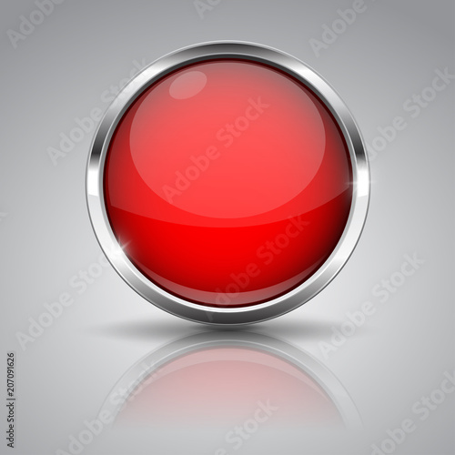 Free Download Red button with chrome frame on gray background. Round glass shiny 3d icon - GFXLoad