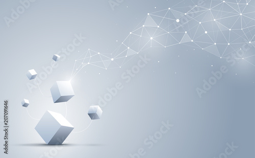 The connection of 3d cubes with abstract geometric polygonal with connecting dots and lines. Science and technology background. Big data and Internet. Abstract background. Vector illustration.