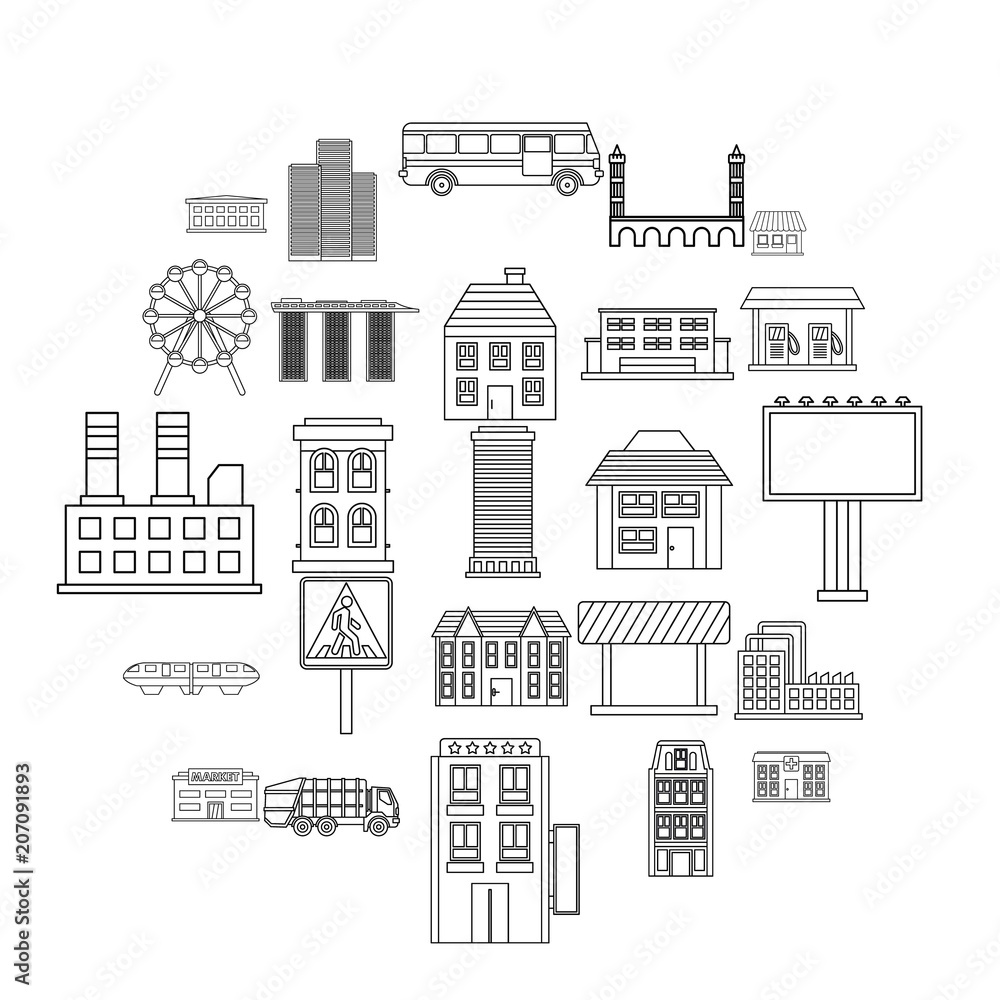 Skyscrapers icons set. Outline set of 25 skyscrapers vector icons for web isolated on white background