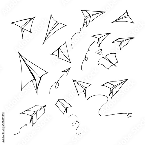 Hand drawn Sketch doodle vector line paper plane icon element set eps10