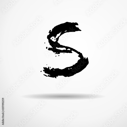 Letter S. Handwritten by dry brush. Rough strokes textured font. Vector illustration. Grunge style alphabet.