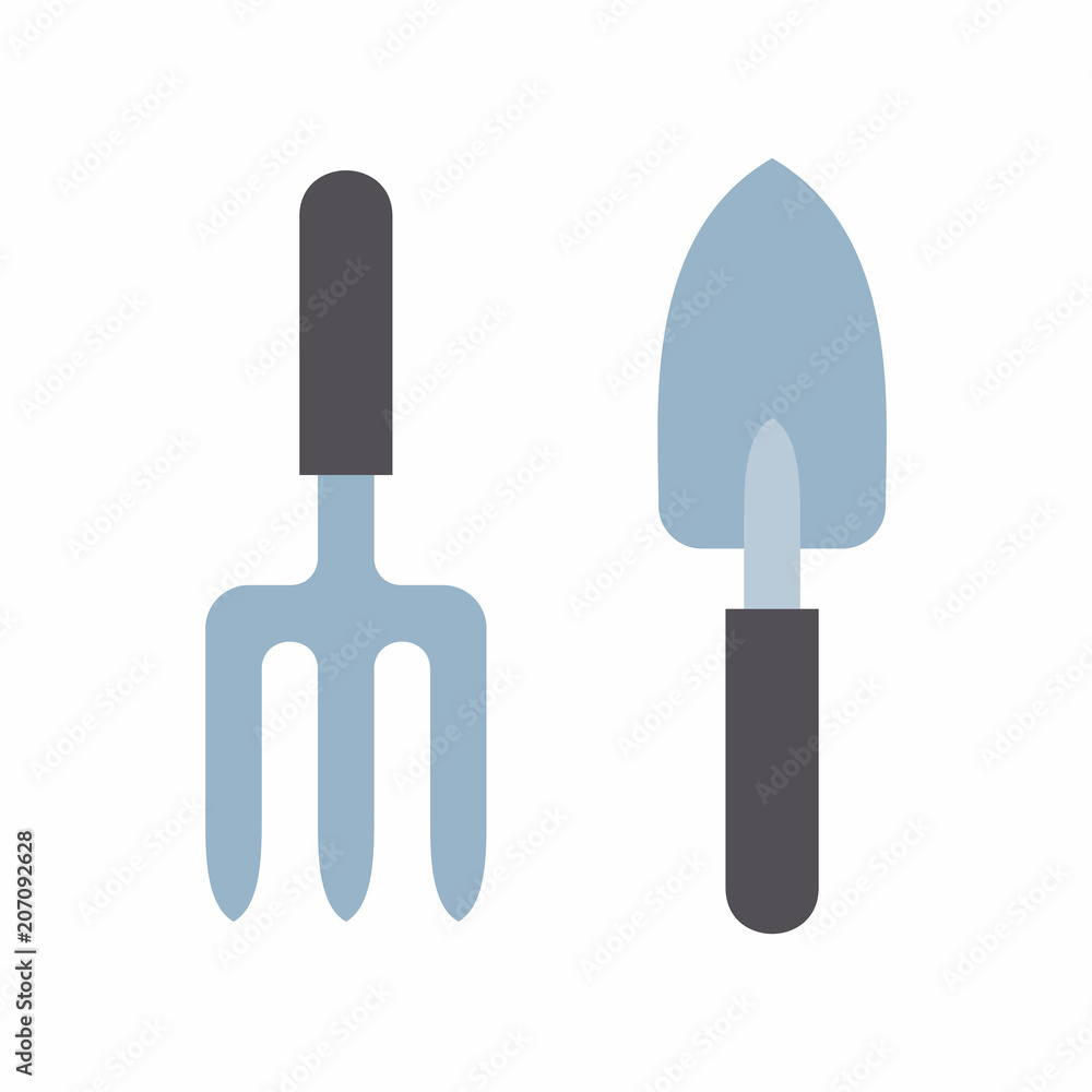 Garden tools. Garden fork and trowel spade icon. flat style. isolated on white background Garden tools. Garden fork and trowel spade icon. flat style. isolated on white background