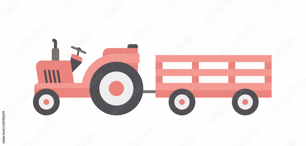 Red  tractor with trailer. flat style. isolated on white background